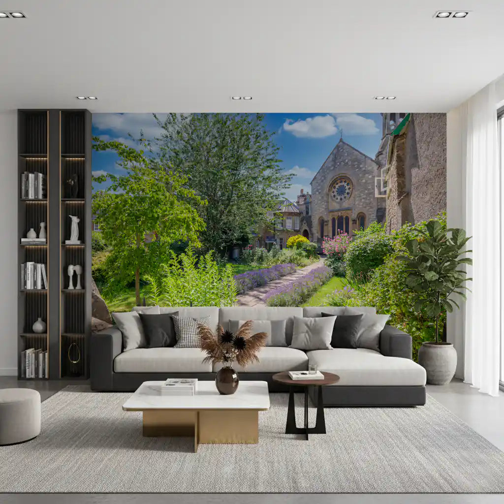 Old Town Stone Church Garden Scene Wall Mural