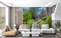 Old Town Stone Church Garden Scene Wall Mural