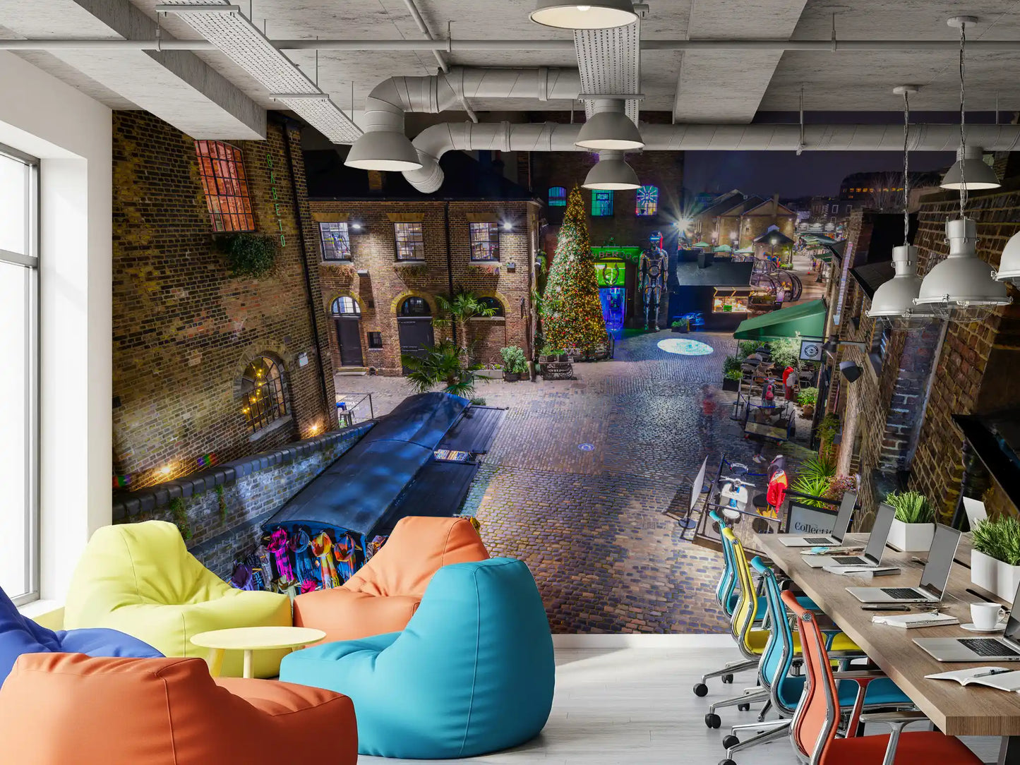 London Nighttime Cobblestone Market Square Wall Mural