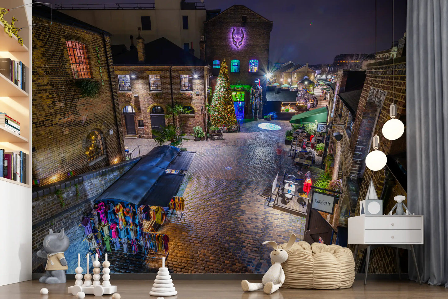 London Nighttime Cobblestone Market Square Wall Mural