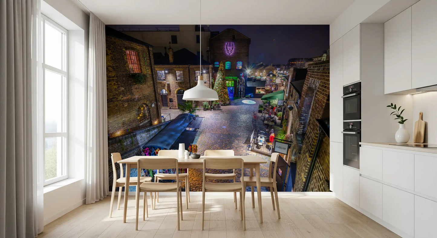 London Nighttime Cobblestone Market Square Wall Mural