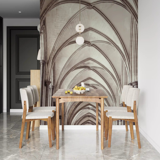 Pointed arches climb a dining room, Ribbed Vaulting wall mural in aged cream, GD11188