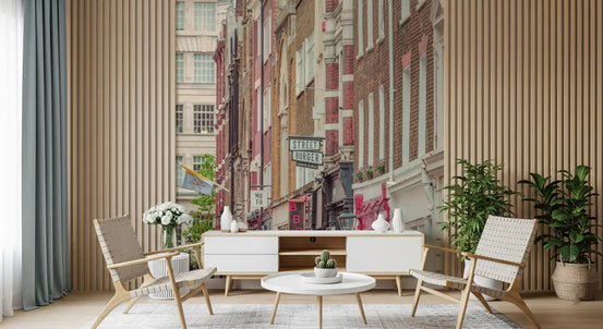 London street facades fill an urban wall mural over a living room GD11193
