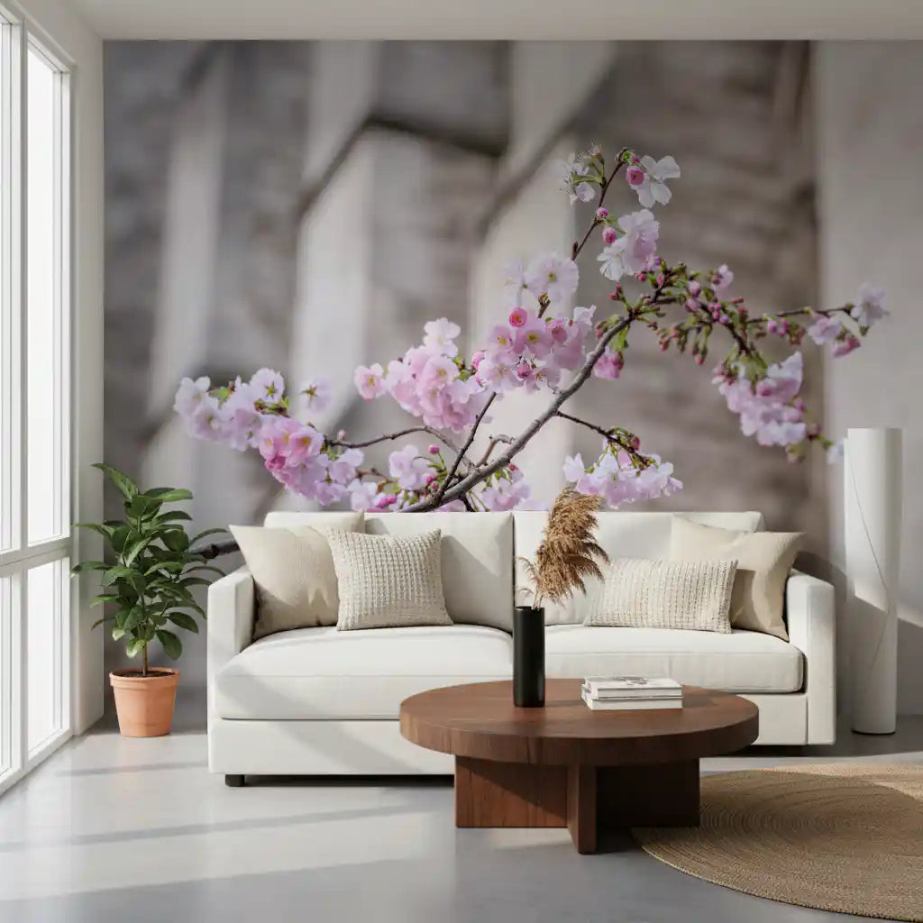 Spring Blossom Branch wall mural in pale pink over a living room, GD11198