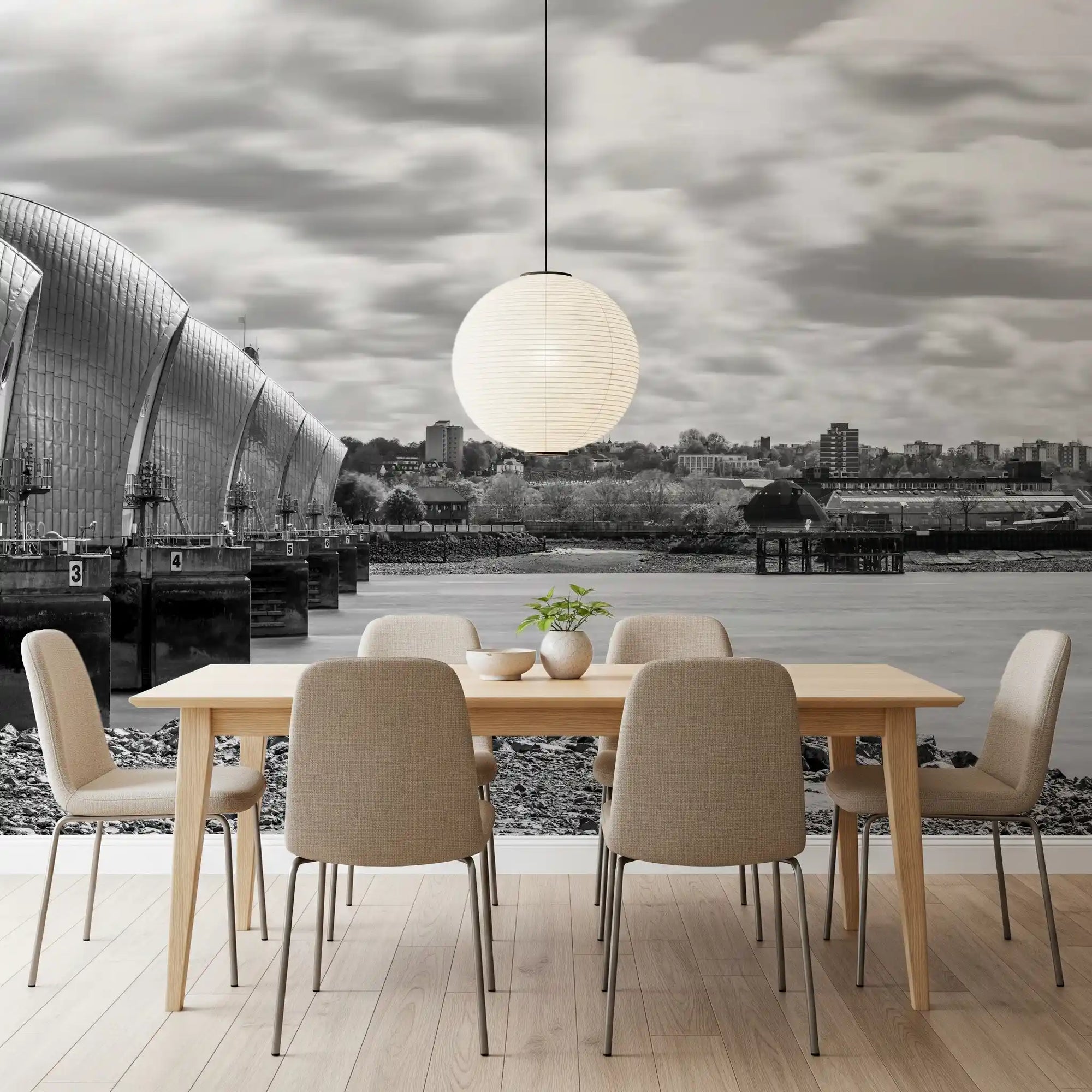 Steel gates of the Thames Barrier over a calm dining room wall mural, GD11203