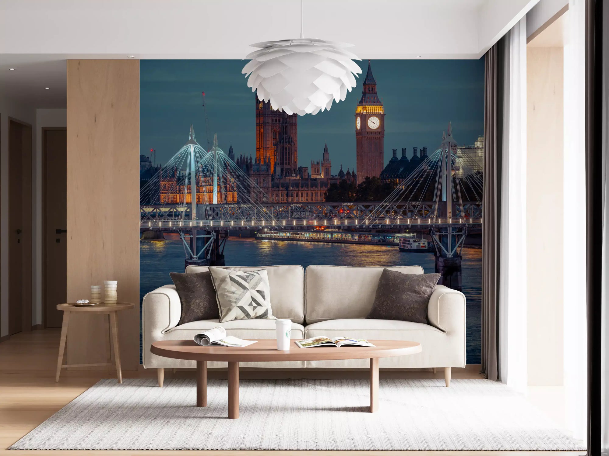 Twilight London skyline on a wall mural glowing over a calm living room GD11205