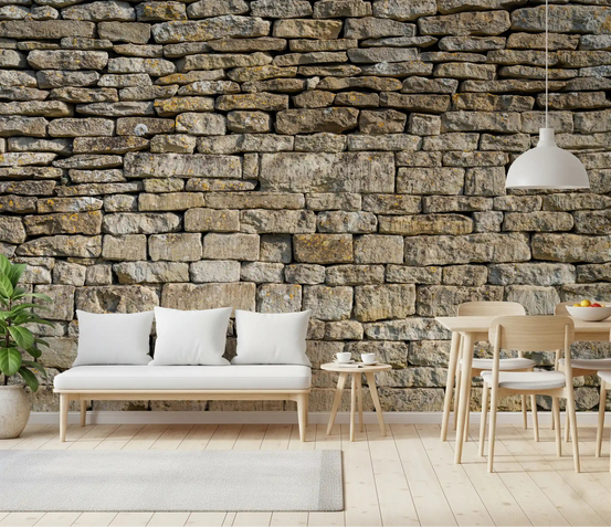 Dry-stacked Cotswold stone wall mural giving a Dining room a rustic backdrop
