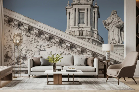 Neoclassical facade columns rise on a wall mural in a living room GD11222