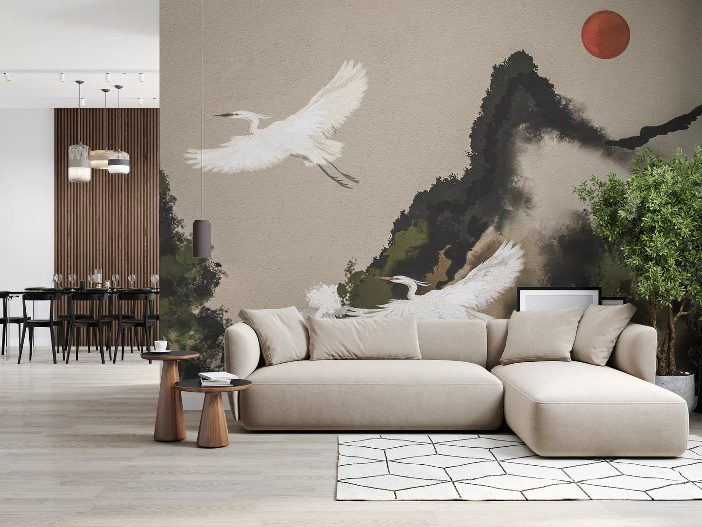 Zen Heron Mountain Landscape Wall Mural
