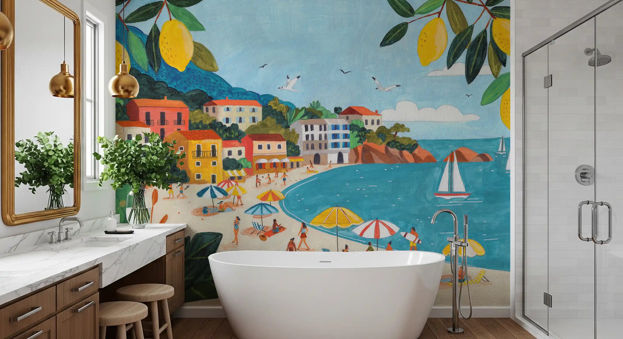 Lemon branches edge a Mediterranean coastline wall mural warming a bathroom GD11230
