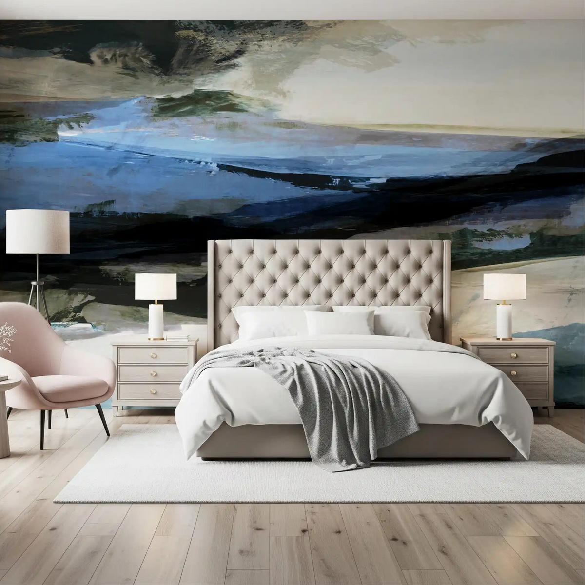 Wall mural in blue gives a Bedroom a calm horizon focus GD11231
