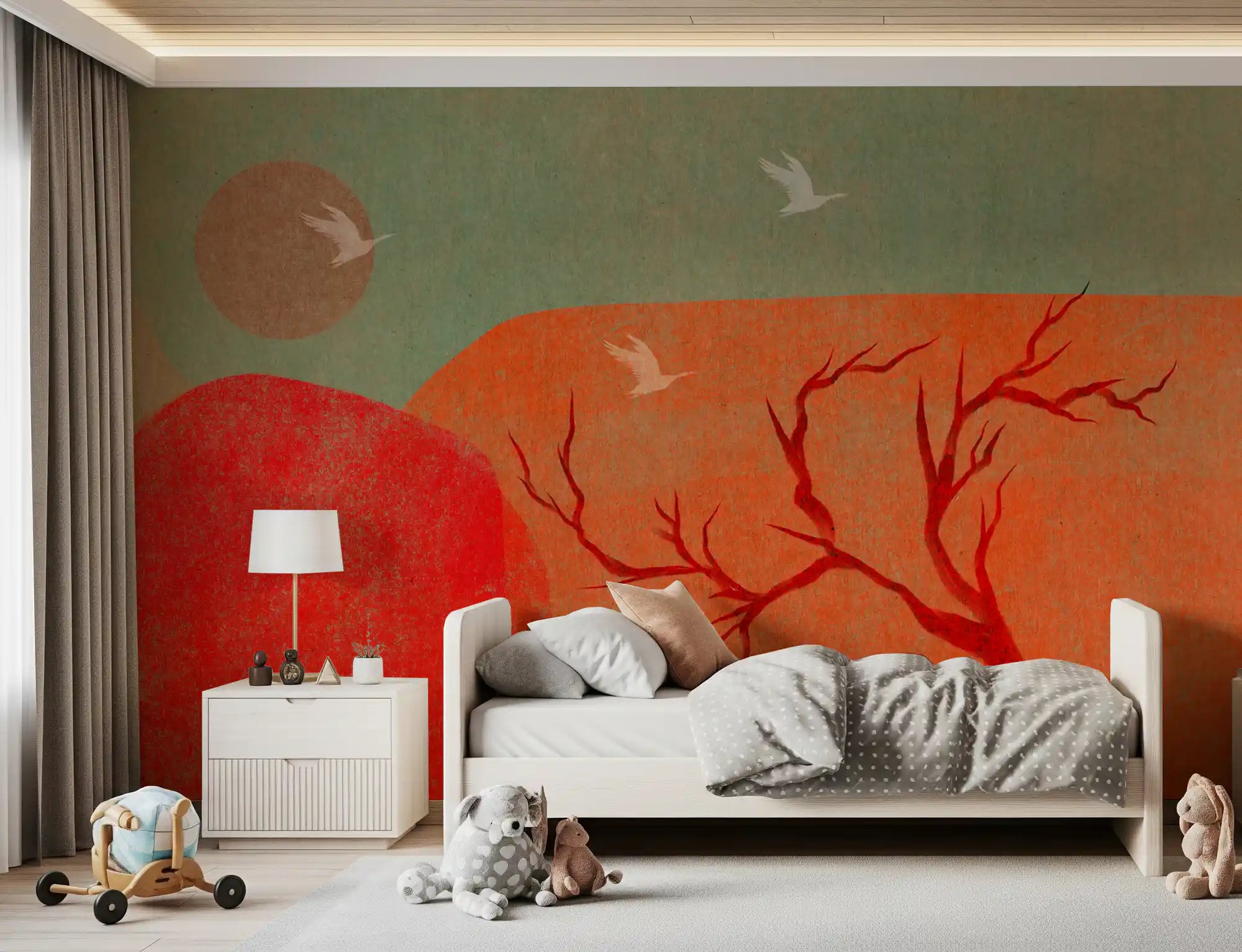 Crimson sun and bare tree on the painted dusk scenery wall mural in a Kids bedroom GD11233
