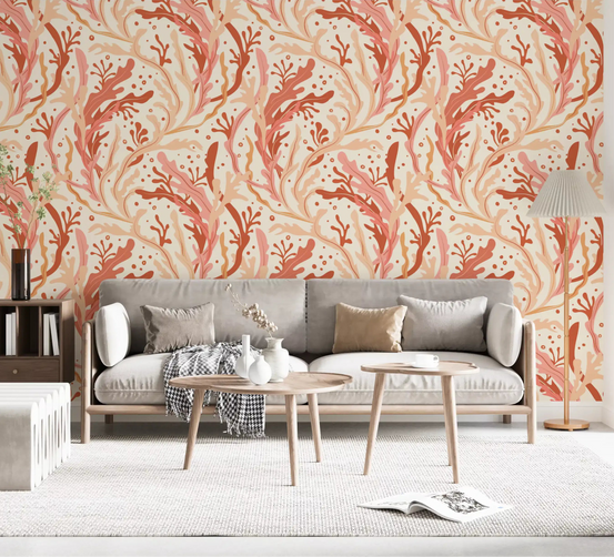 Sea kelp and coral wallpaper flowing across a living room in coral and cream GD11234
