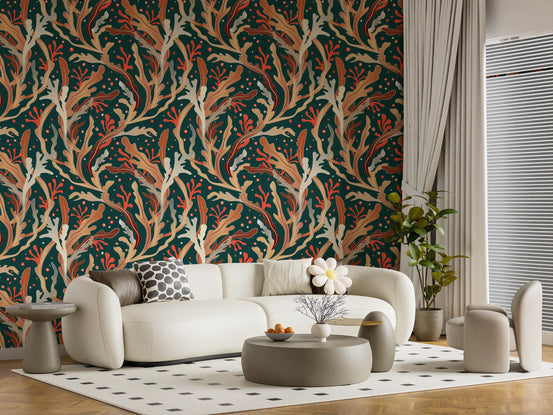 Teal seaweed foliage wallpaper styling a living room in brown and coral GD11235

