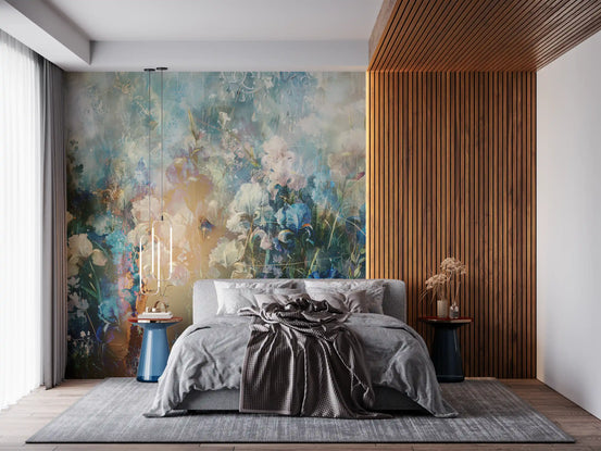 Blue and white irises glow across a bedroom wall mural GD11242