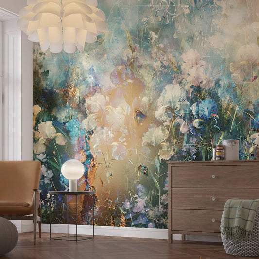 Ethereal Meadow Bloom wall mural warms a bright living room GD11242