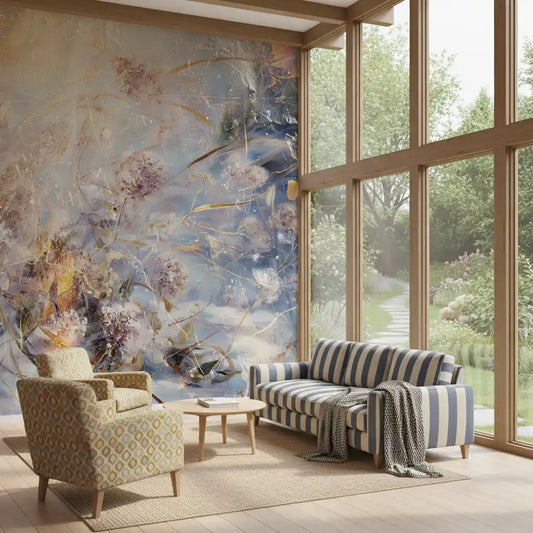 Golden grasses and blooms warm a Living room, this morning wash wall mural GD11244
