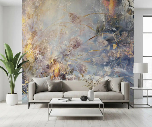 Misty botanical wash wall mural filling a living room in blue and gold GD11244
