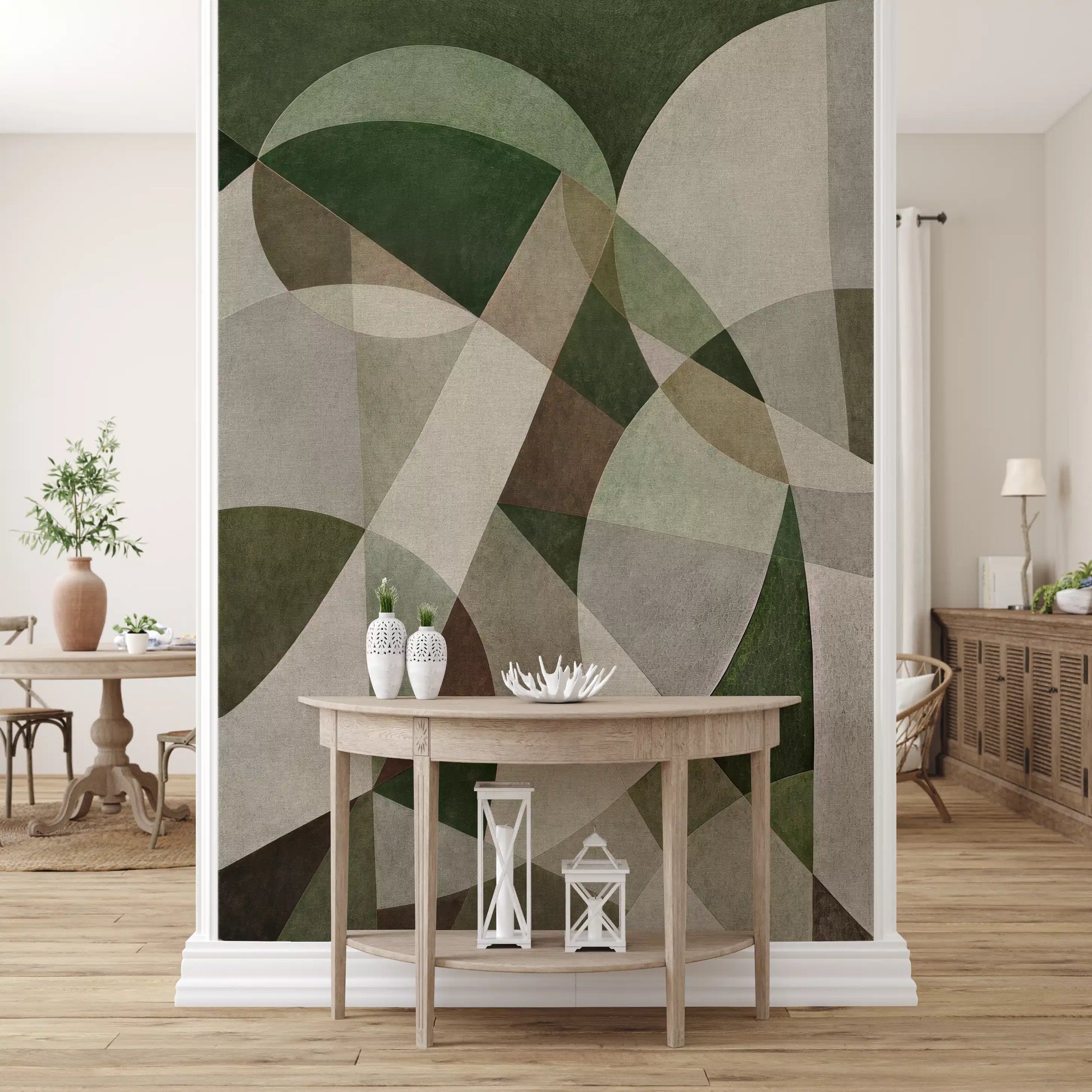 Geometric Intersection Sage Canvas Wall Mural with modern block design GD11246