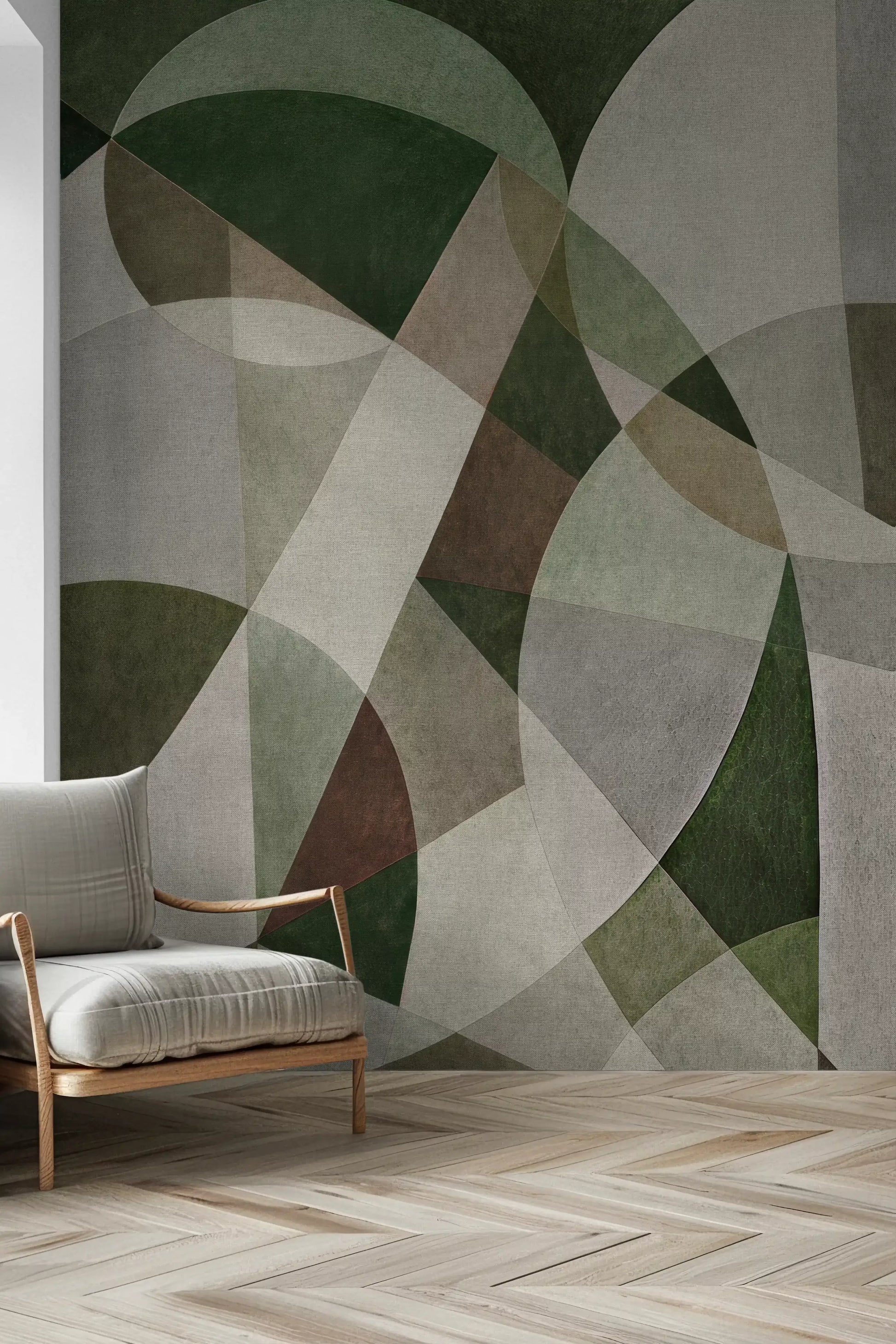 Canvas finish geometric wall mural with olive colour accents GD11246