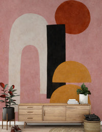 Rose and clay abstract wall mural featuring layered geometric artwork GD11247