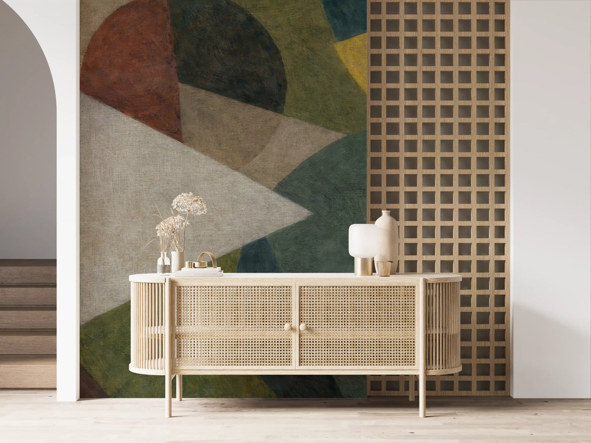 Contemporary abstract wall mural in olive, ochre, and terracotta hues GD11248