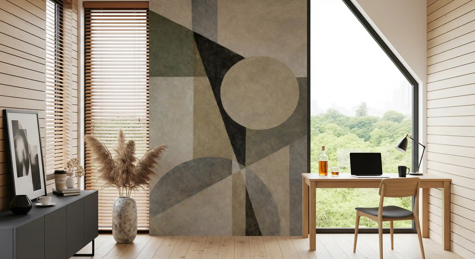 Minimalist Geometric Shapes Wall Mural in soft neutral color palette GD11249