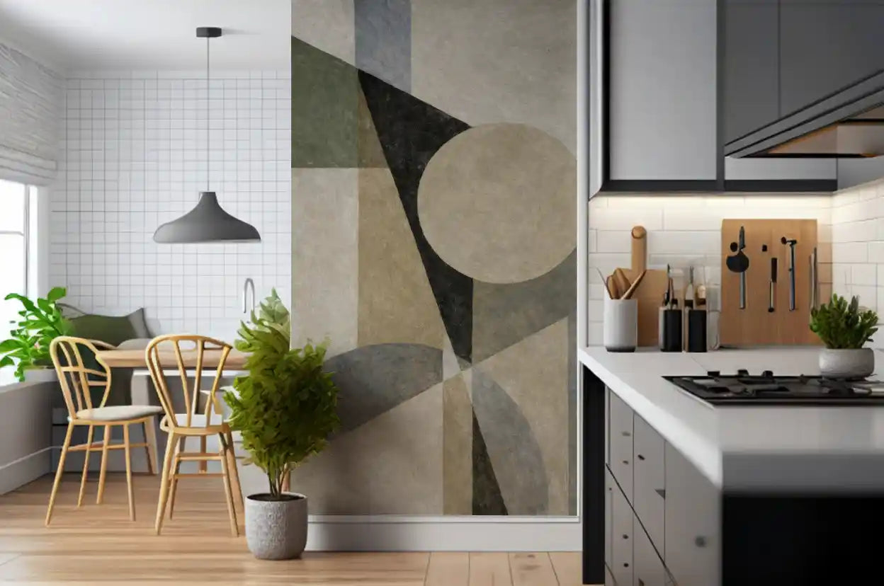 Modern neutral geometry wall mural featuring layered artistic forms GD11249