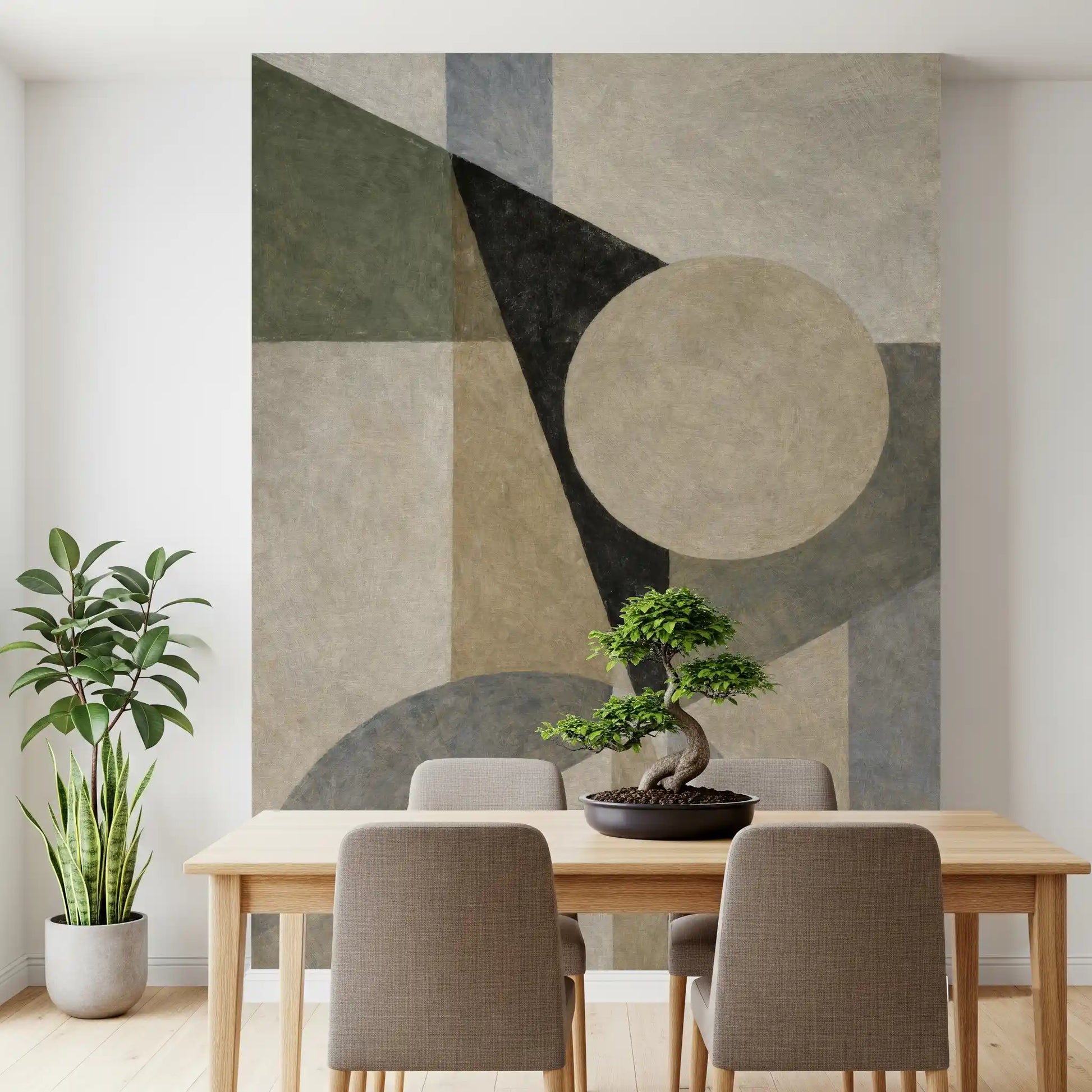 Abstract minimalist wall mural with beige and charcoal geometric pattern GD11249