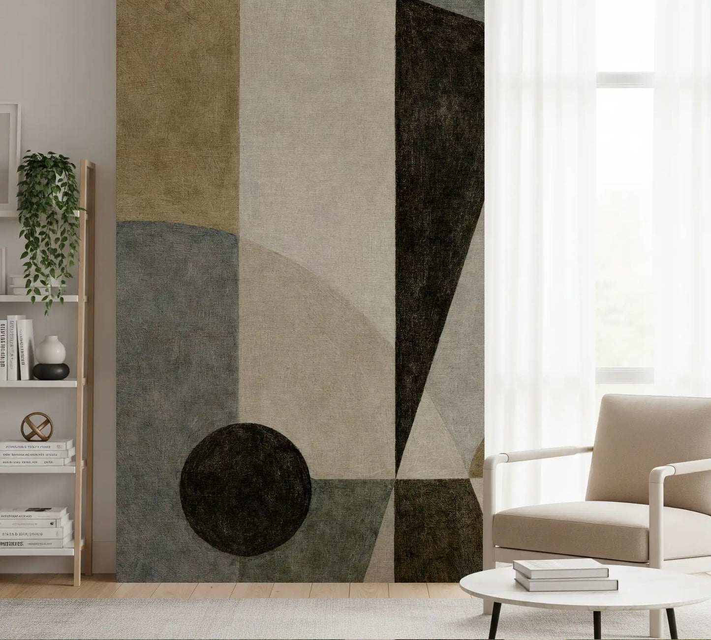Modern abstract geometry hallway wall mural in beige, olive, and charcoal GD11250
