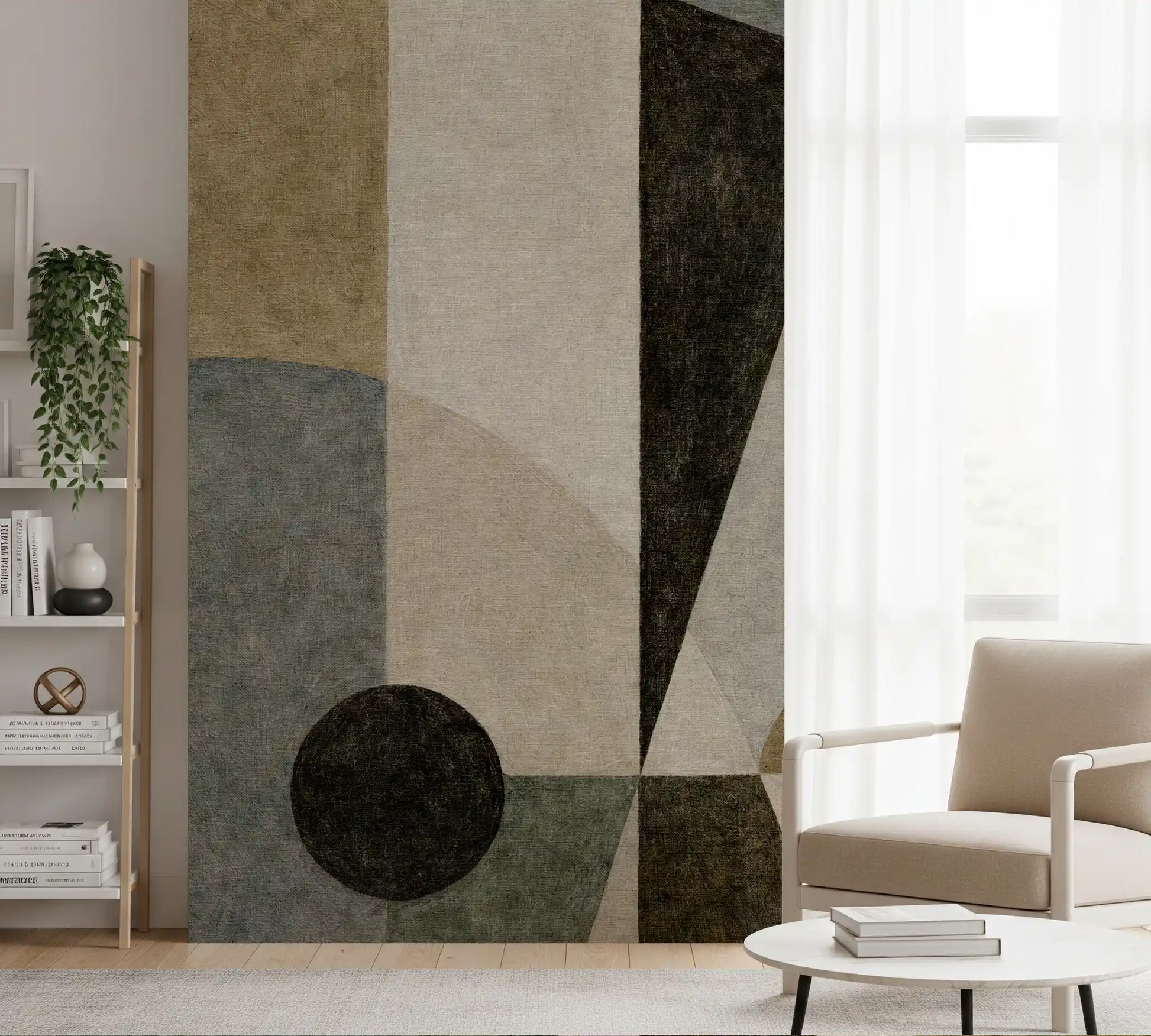 Modern abstract geometry hallway wall mural in beige, olive, and charcoal GD11250
