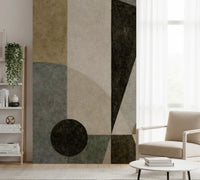 Modern abstract geometry hallway wall mural in beige, olive, and charcoal GD11250