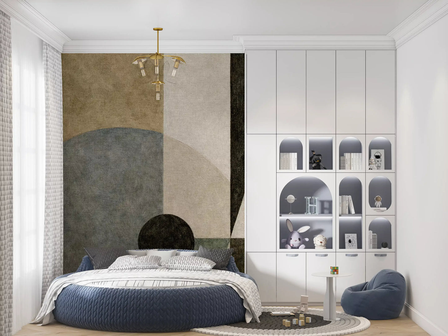 Neutral geometric wall mural with circular and angular shapes GD11250