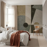 Cubism-inspired wall mural bedroom with layered neutral geometric forms GD11250
