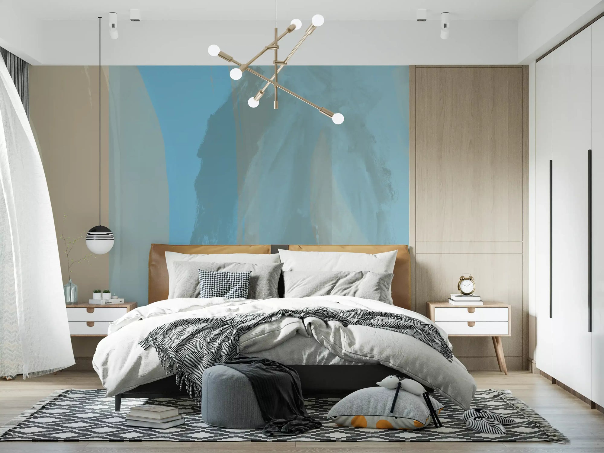 Bedroom Abstract Coastal Blue Layers Wall Mural with layered blue artwork GD11251