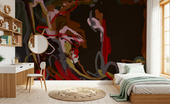 Red and pink loops swirl over an Abstract Painted Trails wall mural in a bedroom GD11253