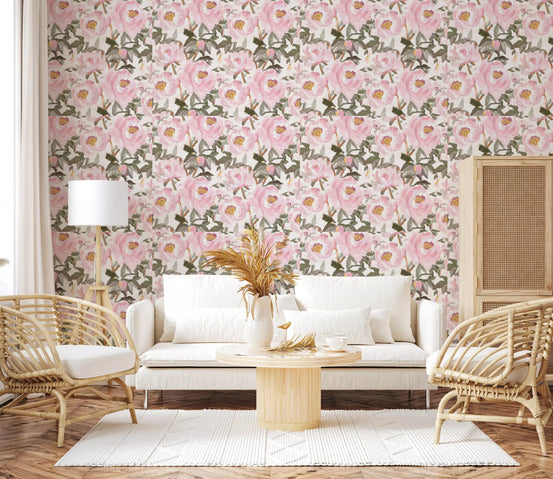 Pink peony garden wallpaper giving a living room a fresh floral look GD11255
