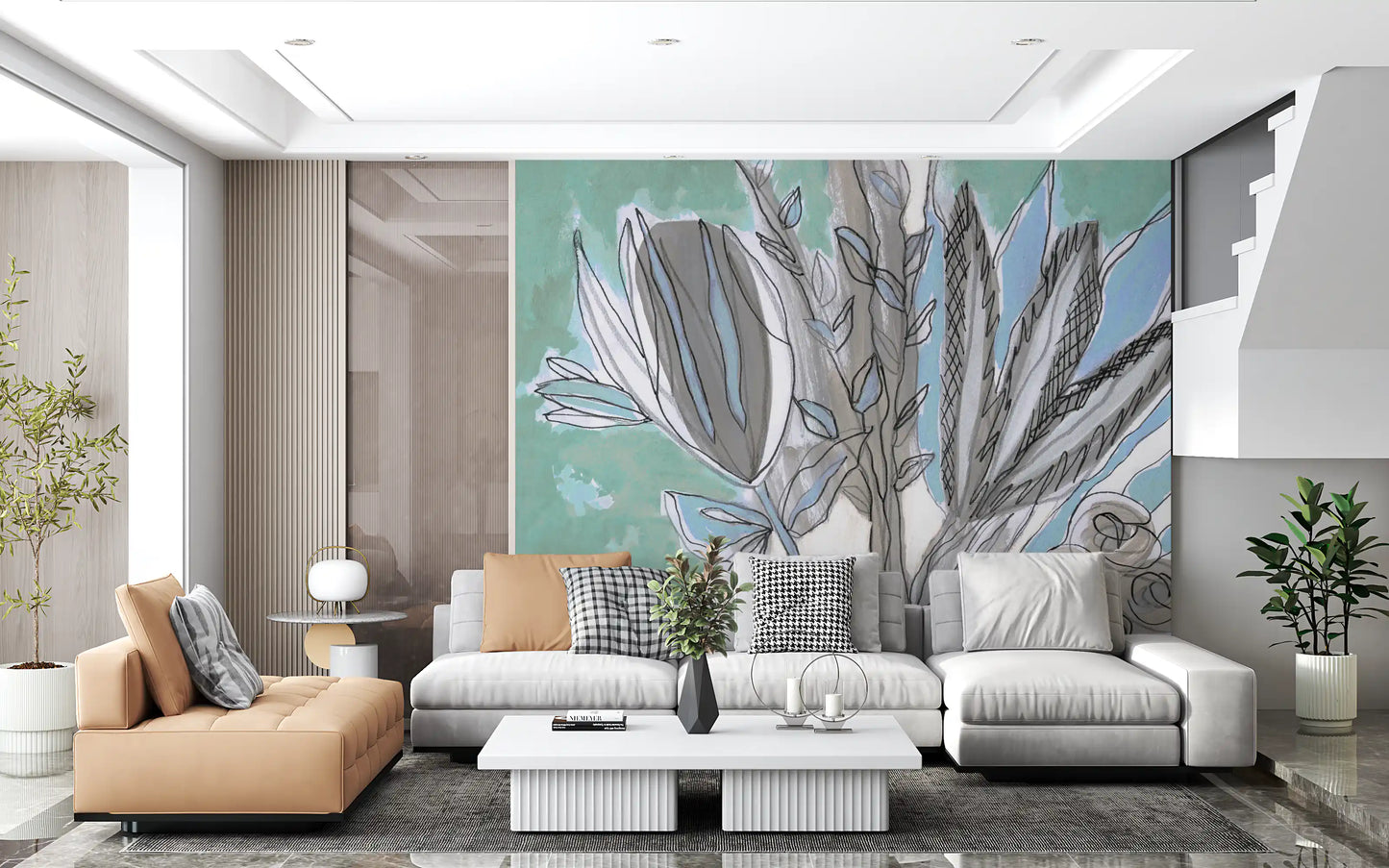 Abstract Teal Botanical Sketch Wall Mural