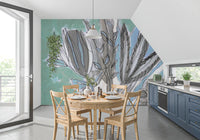 Abstract Teal Botanical Sketch Wall Mural