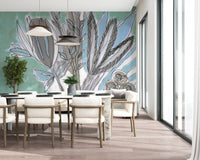Abstract Teal Botanical Sketch Wall Mural
