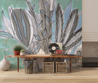 Abstract Teal Botanical Sketch Wall Mural