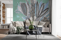 Abstract Teal Botanical Sketch Wall Mural