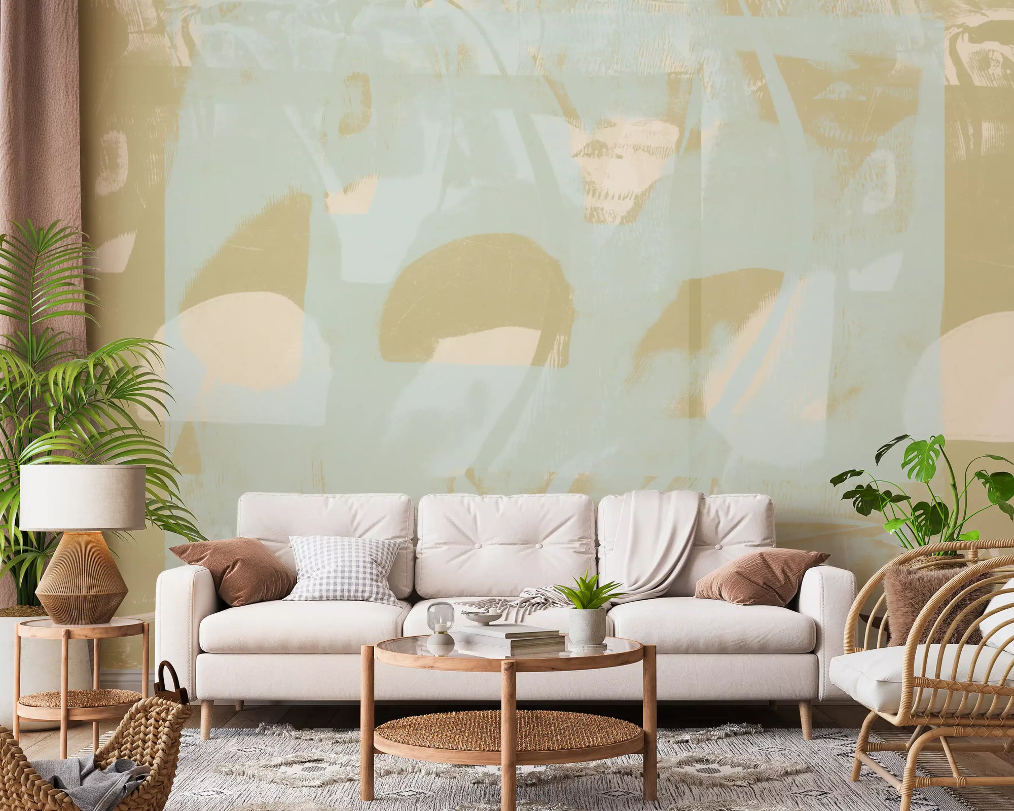 Muted sage geometric layers wall mural warming a living room in green and cream GD11258
