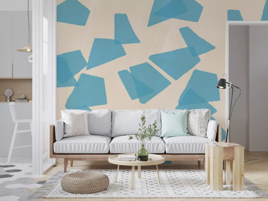 Floating azure fragments wall mural styling a living room in blue and cream GD11259
