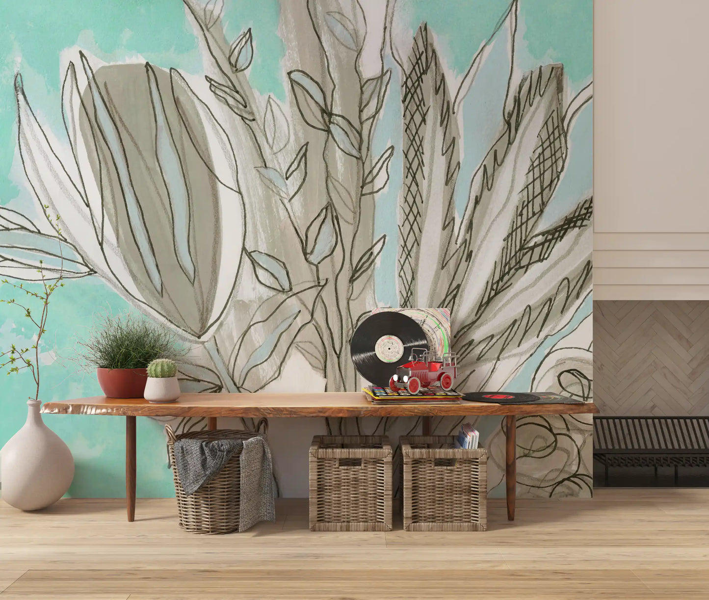 Muted Floral Line Art Wall Mural