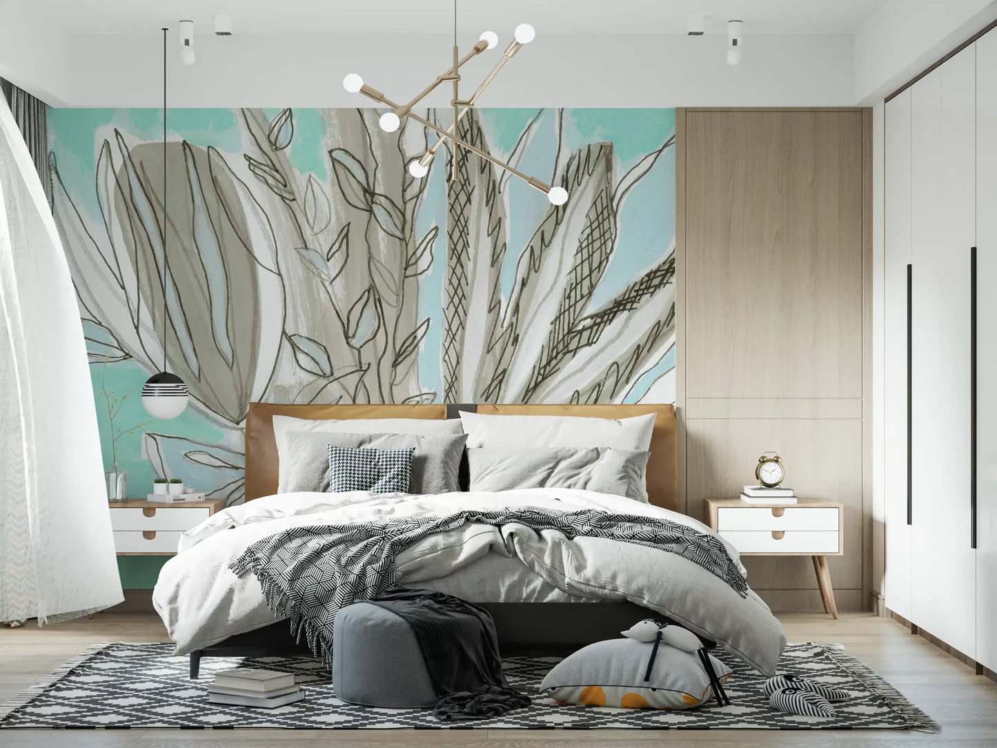 Muted Floral Line Art Wall Mural