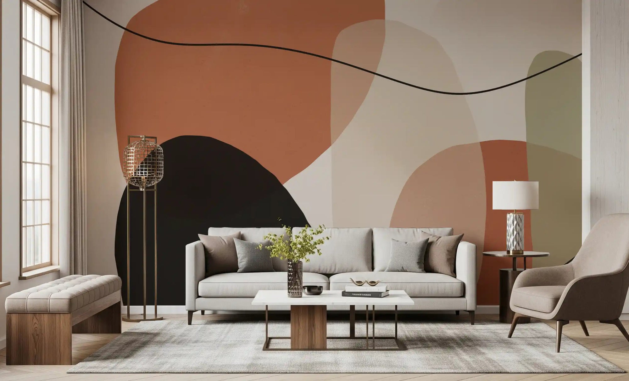 Terracotta and sage organic shapes on a wall mural in a living room GD11265
