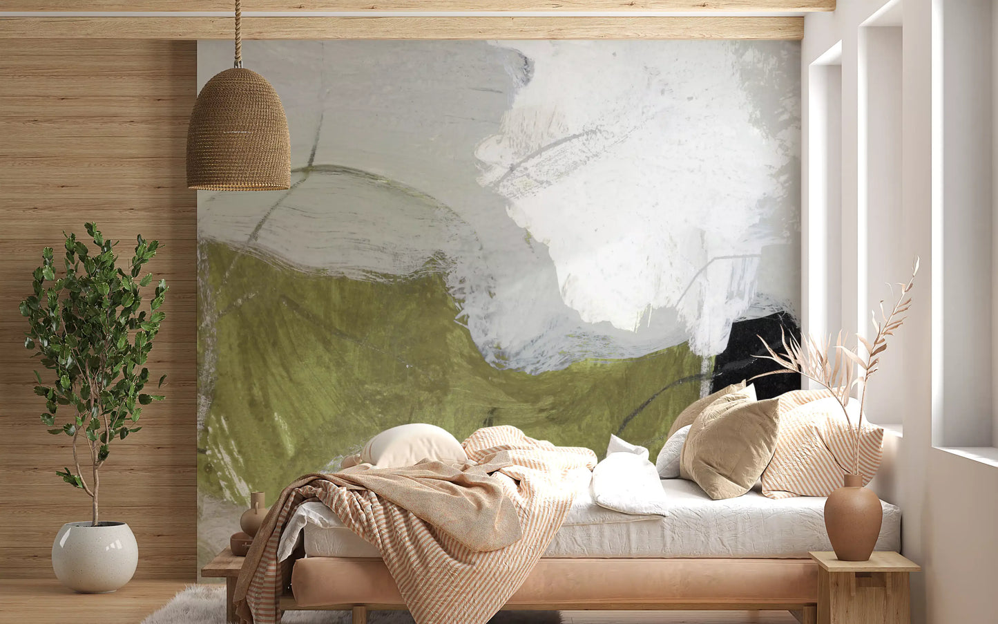 Layered Monochrome and Olive Organic Shapes Wall Mural