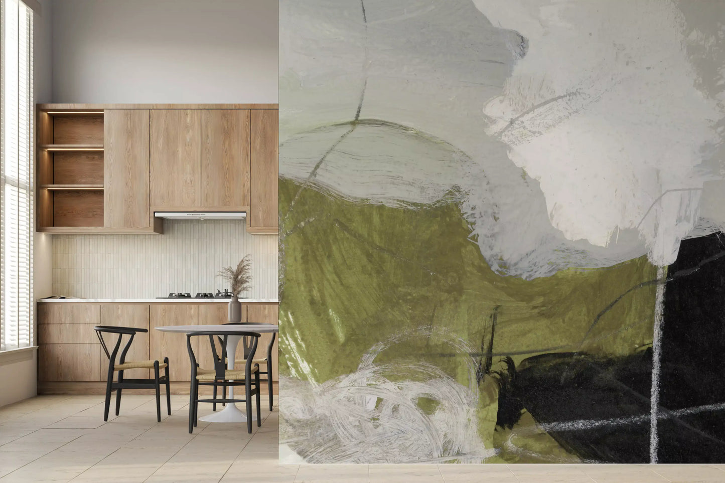 Layered Monochrome and Olive Organic Shapes Wall Mural