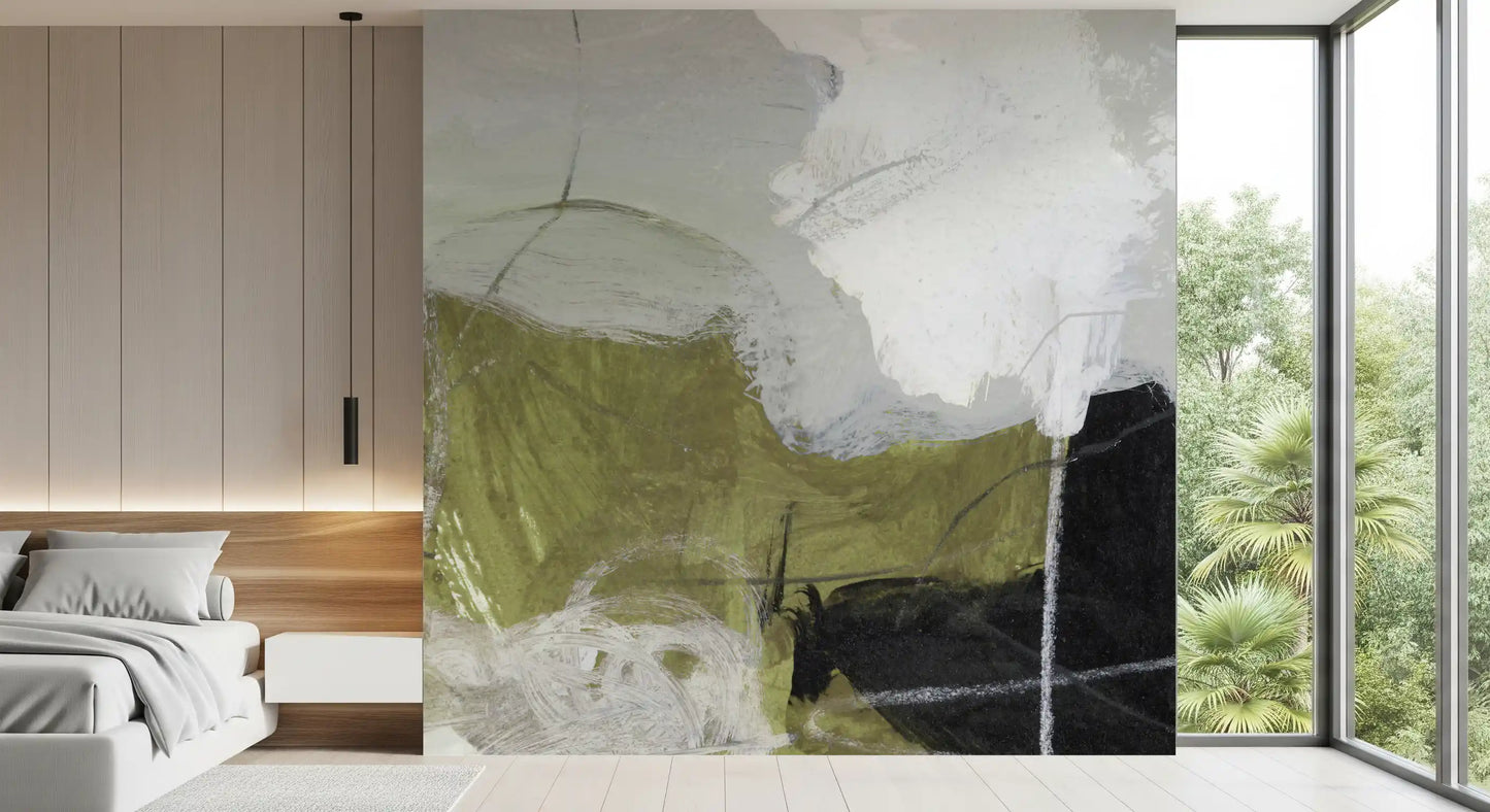 Layered Monochrome and Olive Organic Shapes Wall Mural